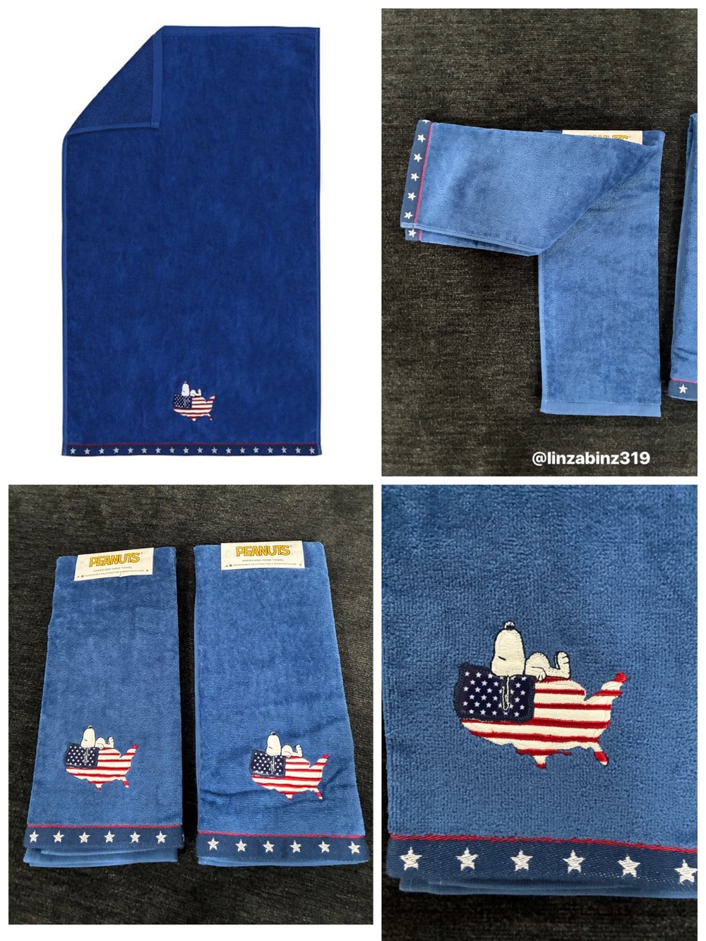 NWT- Set of 2- Peanuts - Snoopy USA Flag Blue Kitchen Towels - 100% Cotton 25x16